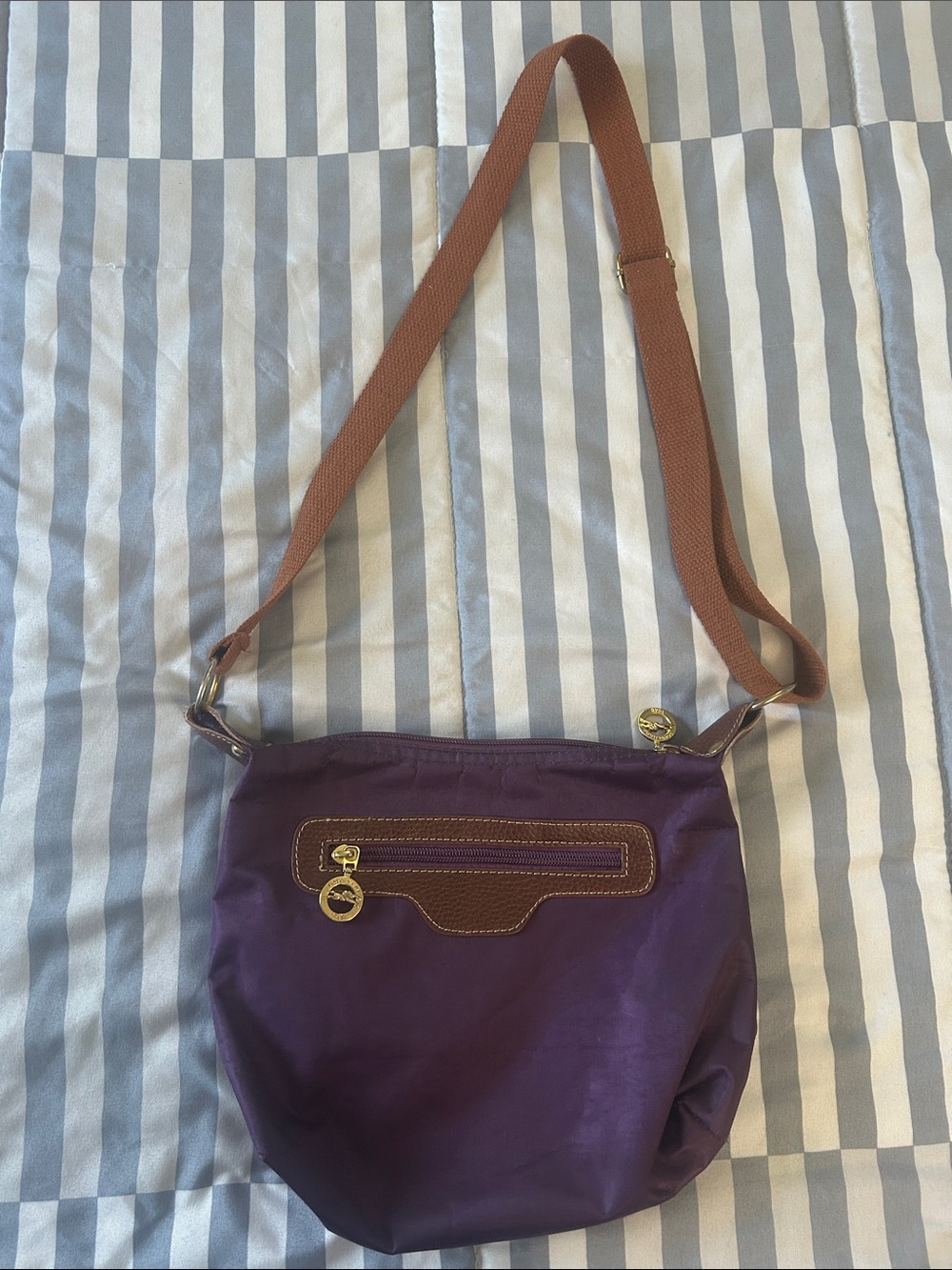 Longchamp Purple Crossbody Bag with Brown Strap